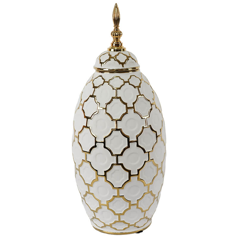 Gold/White Ginger Jar/Lid 41Cm   